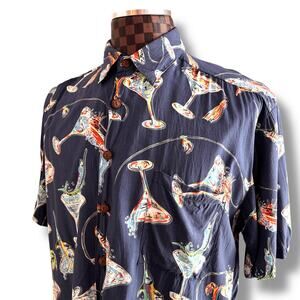 Kahala Mens Hawaiian Shirt Size Large Blue Short Sleeve Martini Glass Fish Aloha